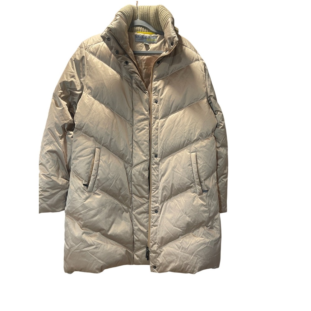 London Fog Sport Womens Beige Down Puffer Coat Chevron Quilted Long Jacket VTG